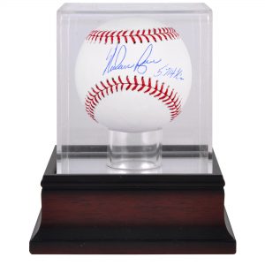 Nolan Ryan Texas Rangers Autographed Baseball with Inscription and Mahogany Baseball Display Case